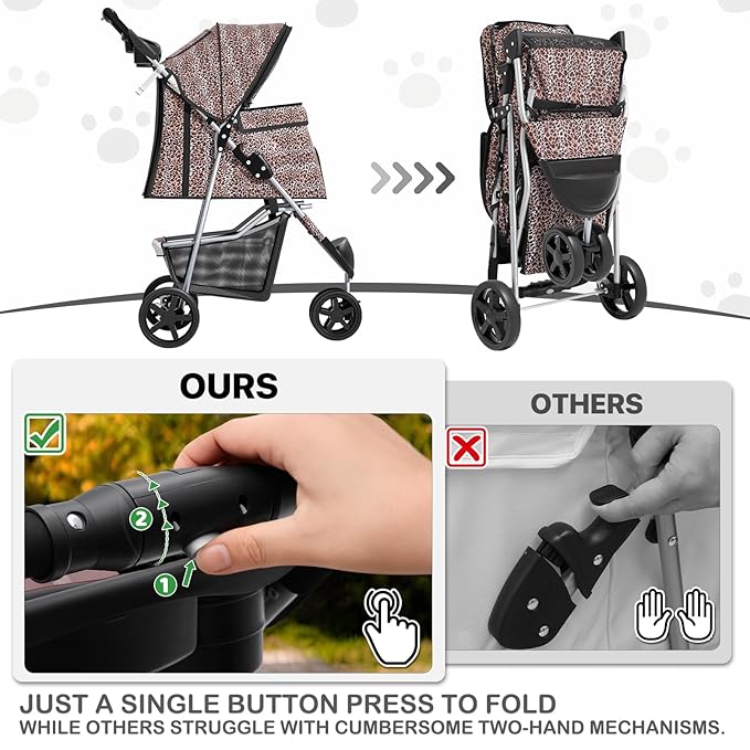 MoNiBloom 3 Wheels Pet Dog Cat Stroller for Small Medium Dogs Cats, Lightweight Foldable Jogger Stroller w/Storage Basket & Cup Holder, Leopard Print