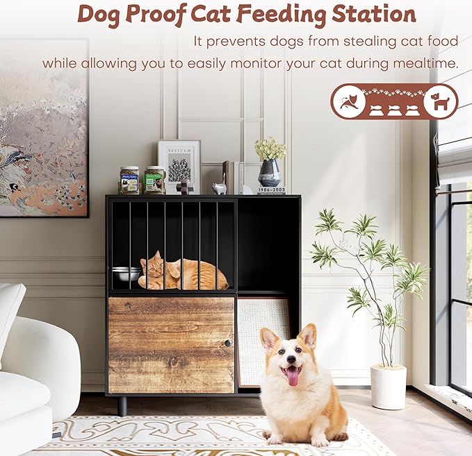 Dog Proof Cat Feeding Station, Cat Feeding Station Furniture with Storage and Cats Scratching Board, 2 Raised Pet Food and Water Bowl for Indoor Cats, Large Pet Cabinet - Image 4