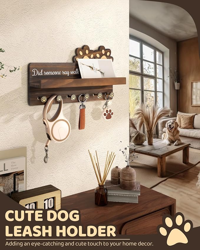 MTERSN Farmhouse Dog Leash Holder for Wall - Cute Key Holder Wall Mount with Floating Shelf & 6 Paw Hooks - Dog Lover Gifts for Wall Organize and Elevate Room Decor (Brown) - Image 2