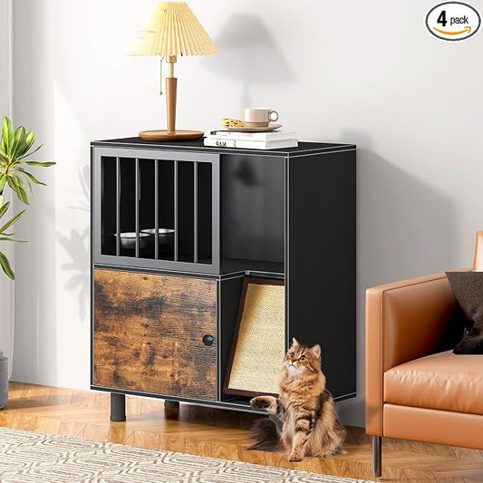 Dog Proof Cat Feeding Station, Cat Feeding Station with Scratching Board, Raised Bowls for Indoor Cats, Elevated Food Bowls with Stand, Vintage Black Furniture by VKTO