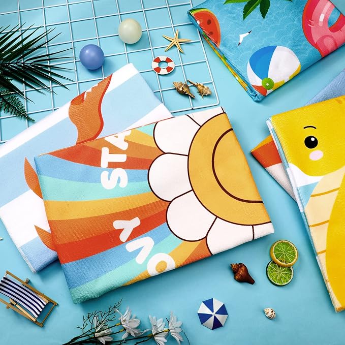 Buryeah 10 Pcs Beach Towels 30 x 60 Inch Quick Dry Absorbent Beach Blanket Seahorse Dolphin Turtle Crab Jellyfish Flamingo Pineapple Sunflower Towel for Kids Sports Pool Picnic Camping Travel Swim - Image 4