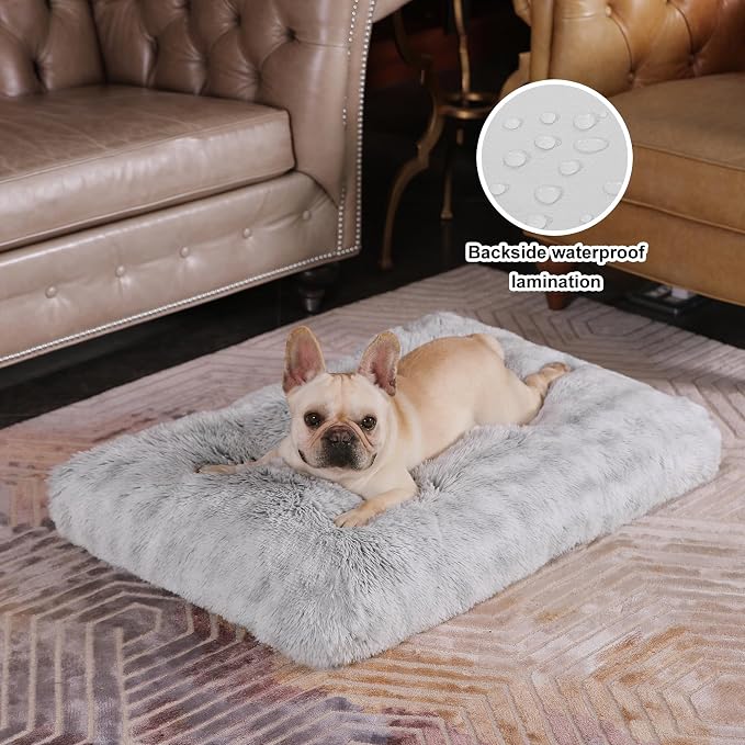 Bedfolks Plush Dog Crate Bed, Washable Cover, Faux Fur Dog Kennel Pad - 35"x23", Grey - Image 2