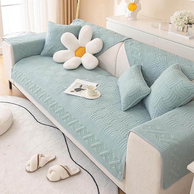 vctops Solid Color Cotton Quilted Sofa Couch Cover Weave Pattern Soft Sectional Couch Covers Embroidery Non-Slip Sofa Slipcover for Dogs, Children, Pets Furniture Protector (Blue,36"x36") - Image 7