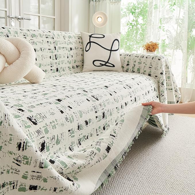 DREAMINGO Abstract Chenille Couch Cover Blanket Beige Green Black Boho Sofa Cover, Washable Furniture Protector, Universal Slipcover for Couch, Geometric Brushstroke Jacquard, Large 71"x118" - Image 4