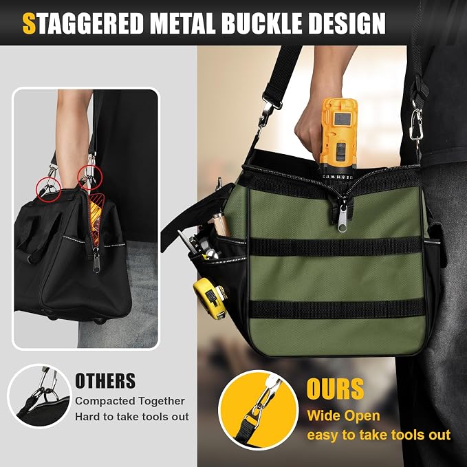 UUP Tool Bag Extra Large 20", Heavy Duty Spacious Tool Box Organizer, Green | 16 Pockets & MOLLE. Detachable Strap & Handle. Non-slip Base, Metal Buckle. 30lb Holds Drill/Tool on Truck, Garage, Men Gift. - Image 6