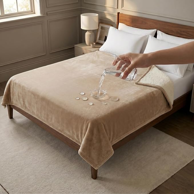 Sacred Weapon Splash Blanket – Plush Deluxe Mattress Protector – VIP Waterproof Fleece Blanket – Boonger Blanket with Moisture Barrier, Stain Proof & Washable – Queen/King Size Beige 80"x80" by SacredWeapon