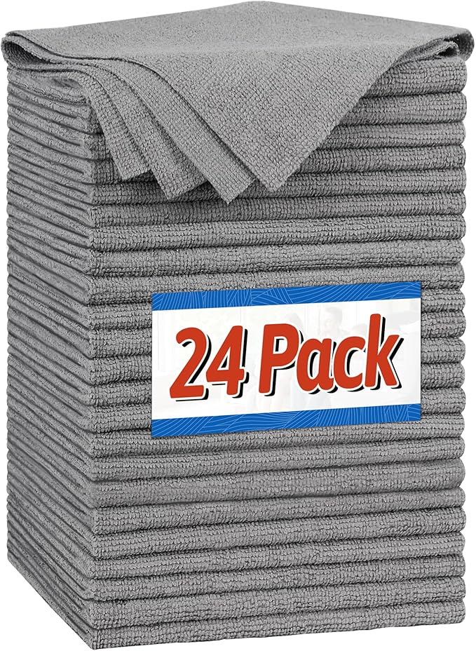 FIXSMITH Microfiber Cleaning Cloth, Shop Towels Bulk, 24 Pack Grey Microfiber Towels for Cars, All-Purpose Absorbent Cleaning Rags, Dust Cloth for Automotive, Mechanic, Garage, Bar, 12 x 11 inch by FIXSMITH