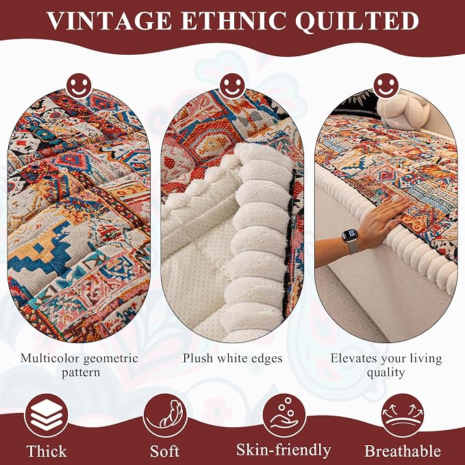 STACYPIK Boho Ethnic Dogs Couch Covers Washable, Pet-Scratch Resistant Sofa Cover for 3 Cushion Couch, Soft Plush Coral Non-slip Cushion Cover, Retro Aesthetic Jacquard Furniture Protector-27.6X82.7IN - Image 2