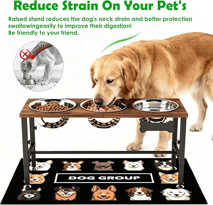 SHAINFUN Adjustable Height Elevated Dog Bowl Stand – Wooden Raised Dog Bowls with Three 58oz Stainless Steel Bowls & Mat for Small to Large Dog Breeds - Image 2