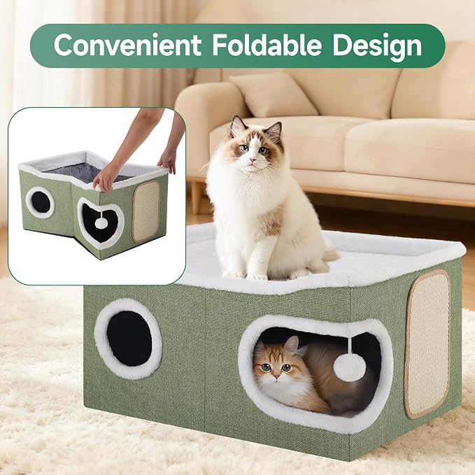 Shikha Extra Large Cat House Bed for Multi Cats with Scratch Pad Green | 24 x 17.7 x 12.6 IN Widen Cat Cave Cube for Multi Pets, Foldable, Arc-Edge Design, Oval Door, All Seasons Reversible Cushion - Image 6