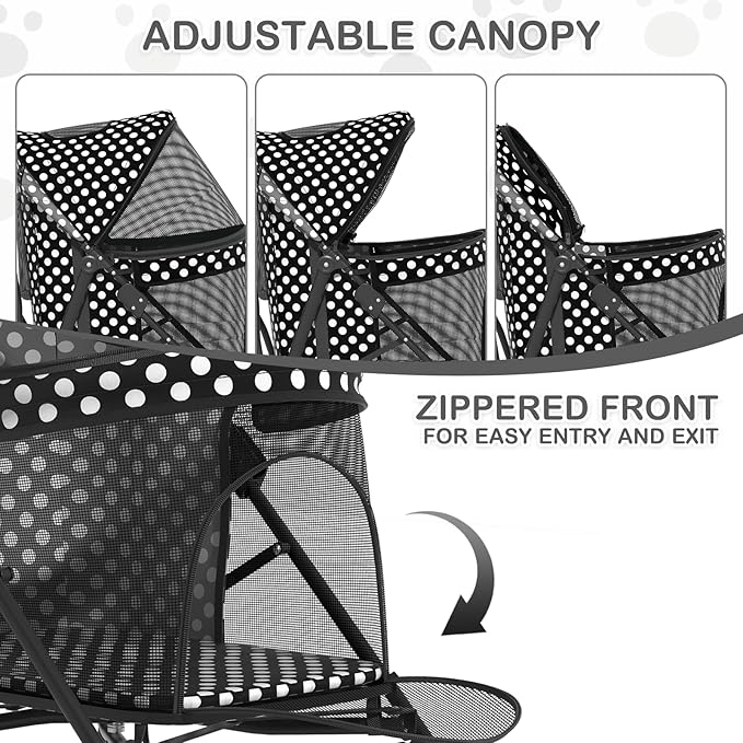 MoNiBloom 4 Wheels Pet Stroller, Easy-Fold Umbrella Shaped Dog Cat Jogger Stroller w/Storage Bag & Visible Mesh for Small/Medium Dogs Cats Black Polka Dots