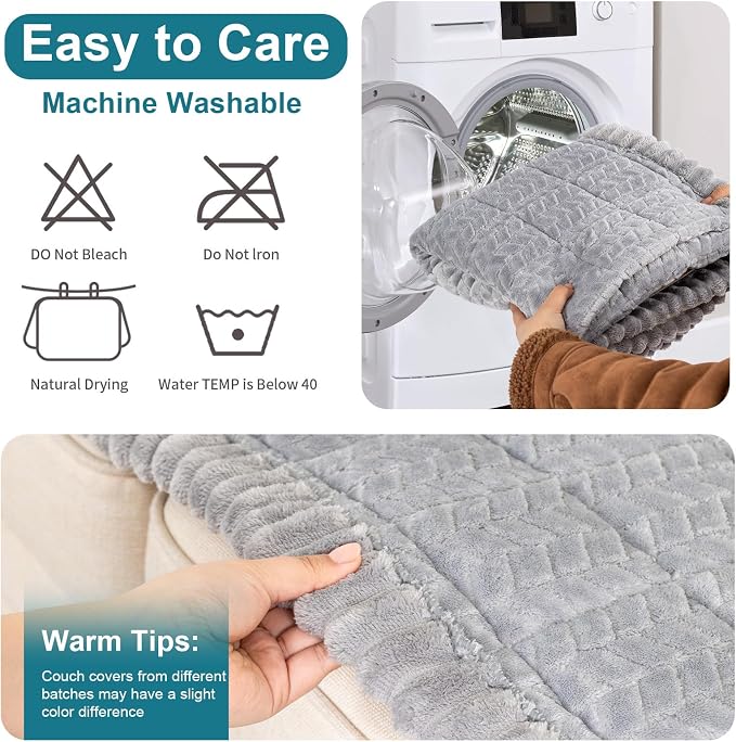 KRFOONN Couch Cover for Dogs Washable Sofa Covers for 3 Cushion Non-Slip Fuzzy Couch Cushion Covers Sofa Slipcovers Furniture Protector with Elastic Straps for Dogs Pets Mat (Light Grey, 27.6" x 59") - Image 9