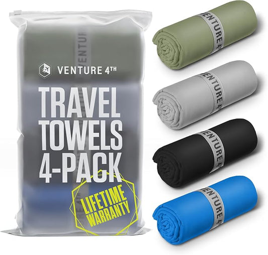 VENTURE 4TH 4-Pack Quick Dry Microfiber Towels - Multicolor Extra Large | Absorbs 7x more than cotton. Fast-drying, odor-resistant microfiber. Lightweight, compact & easy to pack for any trip. by VENTURE4TH