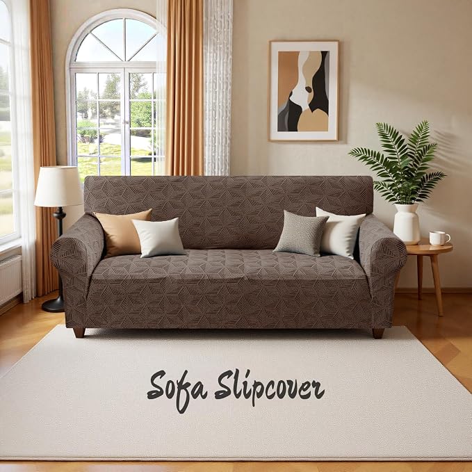 YEMYHOM 1 Piece Stretch Couch Covers for 3 Cushion Couch, Jacquard Sofa Cover with Non-Slip Elastic Bottom, Thickened Slipcover Furniture Protector for Dogs Pets (Large, Brown） - Image 8