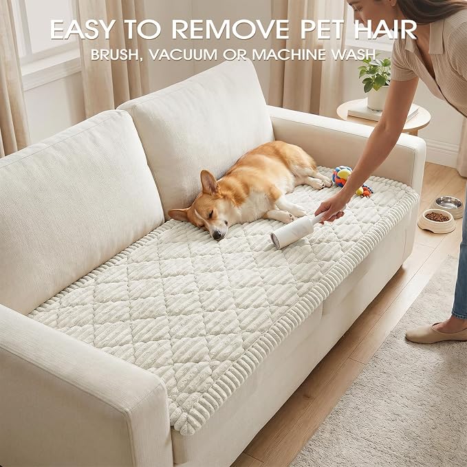 Non-Slip Washable Couch Cover for Dogs, Thick Plush Grid Flannel | 27.6"x70.9", Cream, 0.8" Thick, Rubber Dot Backing, Pet-Friendly Protector for Sofa, Floor, Window Bench, Car Seat or Camping - Image 6