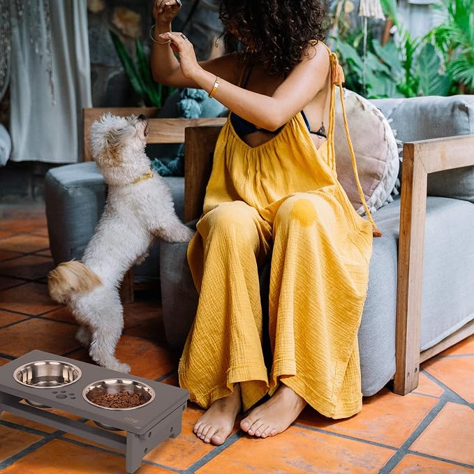 HTB Elevated Dog Bowl Stand with 2 Stainless Steel Bowls-4" H Small Grey | Raised Dog Bowl Stand, 4"tall, 21 Oz Bowls, for Small Sized Dogs, Pet-safe, Solid Bamboo - Image 7