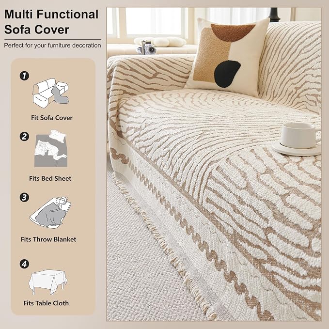 ROOMLIFE Thicked Striped Couch Cover with Tassel Khaki Chenille Sofa Cover Blanket for Sectional Sofa, Soft Sofa Slipcovers for L Shaped Love Seat 2-3 Cushion Couch Anti Slip Sofa Protector, 71"x118" | Sofa Cover Blanket for Sectional Sofa, Soft Sofa S... - Image 5