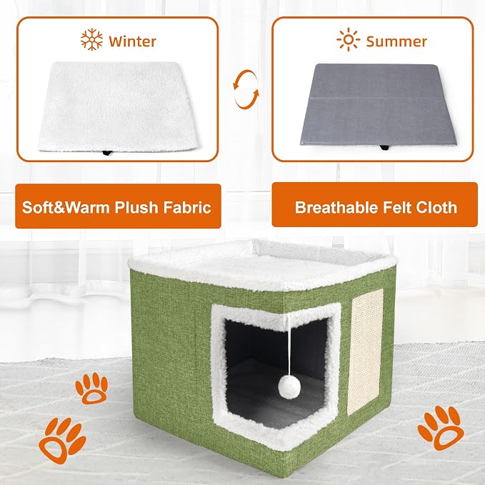 Loyareal Cat Houses for Indoor Cats - Large Cat Bed Cave with Scratch Pad and Fluffy Ball, Foldable Cat Condo Hideaway with Reversible Cushion for Multi Small Pet, Green - Image 5