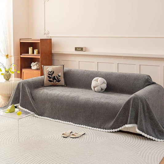 DREAMINGO Striped Chenille Couch Cover Blanket Washable Furniture Protector for Pets/Kids Farmhouse Modern Style Decorative Sofa Throw Cover for Living Room, Pom Pom Trim, Dark Grey, 71"x150" by DREAMINGO