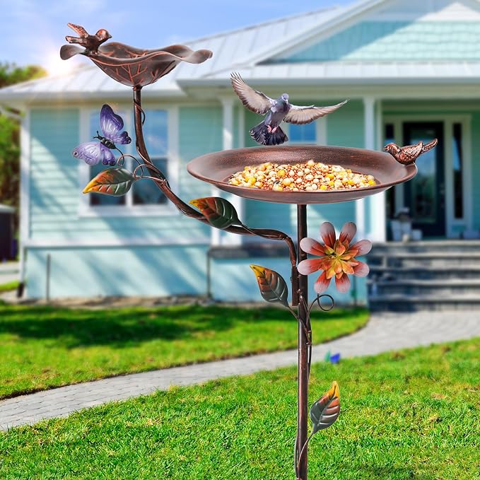 MUMTOP Bird Bath and Feeder for Outdoors, 53in Height Metal Birdbath Copper | Antique Garden Bird Feeder and Bath with Stable Metal Stake for Outside Yard Lawn Decor, Metal Garden Bird Water Station - Image 6