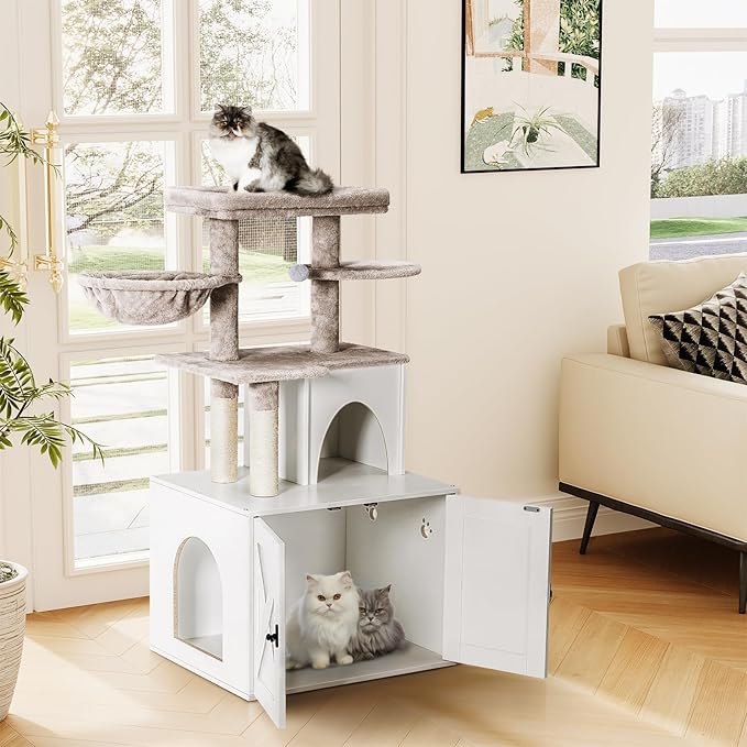 Snughome Cat Litter Box Enclosure with Cat Tree Tower and Condo, Hidden Washroom Furniture with Sisal Scratching Post and Soft Plush Perch, Wooden Cat Furniture with Multiple Platforms, White - Image 2