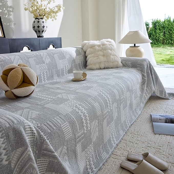 DREAMINGO Vintage Patchwork 3-Layer Gauze Geometric Jacquard Sofa Cover, Farmhouse Couch Cover Blanket for 3 Seater, Living Room Washable Furniture Protector, Light Grey, 91"x150" - Image 2