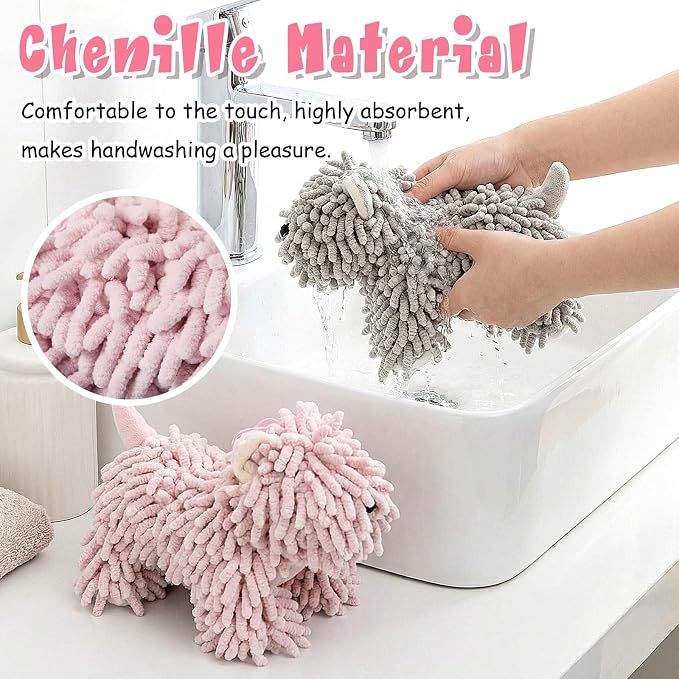 Tegeme 2 Pcs Chenille Dog Hand Towel Fuzzy Towel Absorbent Microfiber Soft for Bathroom Kitchen Washstand (Grey Pink,Standing Dog) - Image 6