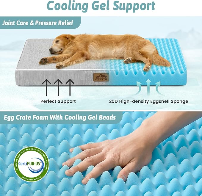 COZY KISS Large Cooling Orthopedic Dog Bed, Q-Max >0.5 Waterproof Egg Crate Foam Pet Bed, Removable Washable Cover, Non-Slip Dog Crate Bed, 44x32x4in,Silver Grey - Image 3