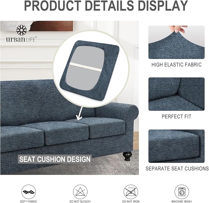 URBANLIFE 4-Piece Stretch Sofa Covers for 3 Cushion Couch, Dusk Blue Gray | Super fitted spandex slipcovers for couches. Non-slip elastic bottom. Machine washable furniture protector for kids & pets. - Image 7