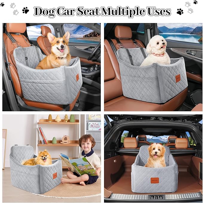 Dog Car Seat for Small/Medium Dogs up to 35 lbs, Memory Foam Pet Booster Seat with Detachable Washable Cover, Portable Pet Bed for Cars with Safety Belts and Storage Pockets(Grey, Medium) - Image 6