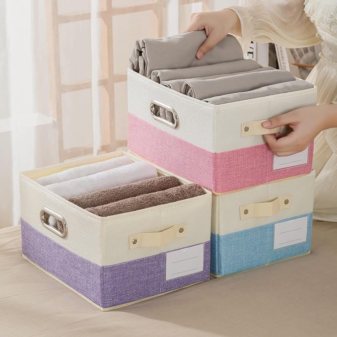 PRANDOM Fodable Storage Bins for Closet [3-pack] Decorative Fabric Storage Baskets Cubes with Leather/Metal Handles for Shelves Bedroom Living Room Blue&Cream (11.5x8.5x6.7 Inch) - Image 7