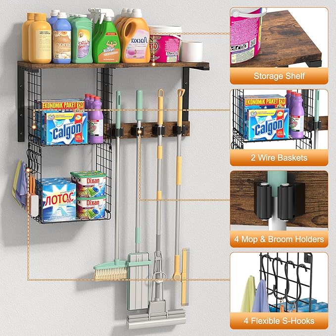 Housolution Wall Mount Broom Holder Laundry Room Storage Organizer Shelves | Thickened Metal Frame, 100 LBS High Load-Bearing, Large Capacity, Multifunctional with 2 Baskets, 4 Grippers & Hooks - Image 2