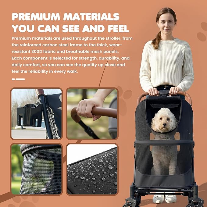 Premium Large Dog Stroller for Pets up to 55lbs, Dog Stroller for Medium Dogs, All-Terrain pet Stroller with Carbon Steel Frame & Breathable Mesh, Black & Grey (Large)