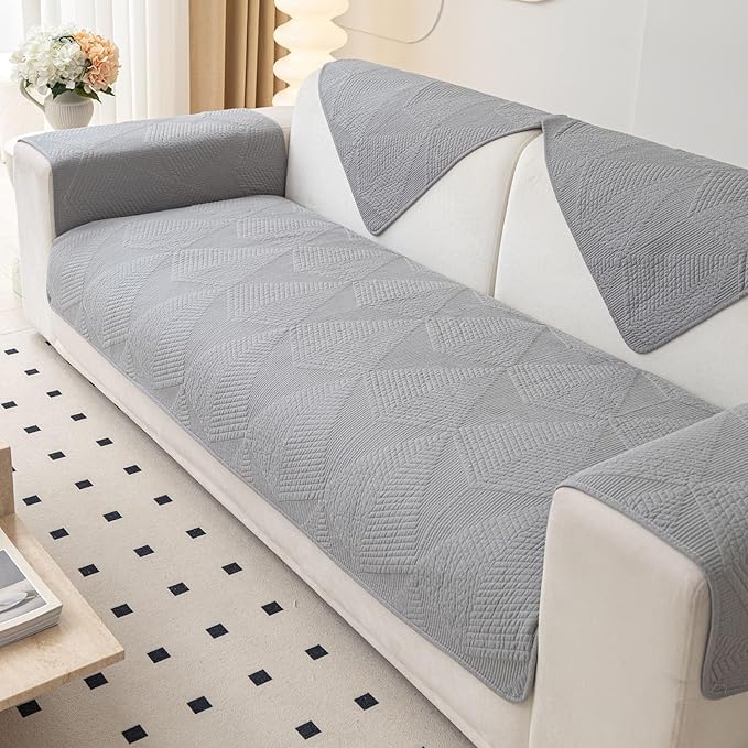 vctops Cotton Quilted Couch Covers for Sectional Sofa (Grey,36"x63") | Geometric Washable Non Slip Sofa Slipcover for Dogs, Children, Pets Furniture Protector Cover - Image 5
