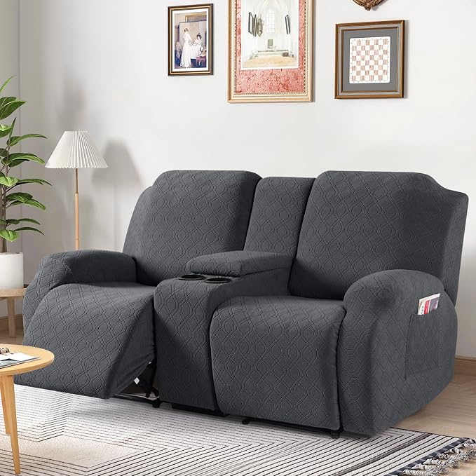 VANSOFY Recliner Loveseat Cover with Middle Console Stretch Reclining Sofa Slipcover for 2 Seat Jacquard Reclining Couch Sofa Covers Furniture Protector with Elastic Straps Bottom (Black Gray) | 4-Pieces, Soft Furniture Protector, Washable Slipcover wi... - Image 7