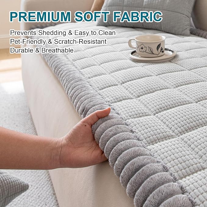KRFOONN Couch Cover for Dogs Washable Pet Couch Covers for 2 Cushion Sofas Non-Slip Dog Sofa Protectors Cushion Covers Soft Sofa Slipcovers Protector for Pets (Style B-Light Grey, 27.6" x 59") - Image 3