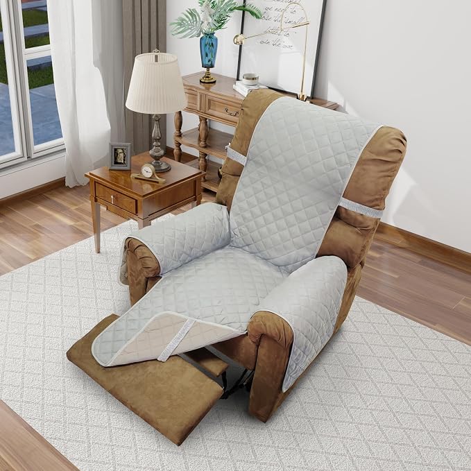 Reversible Chair Covers for Recliner Oversized, Light Grey | Recliner Oversized Covers for Living Room with Elastic Straps, Water Repellent, Chair Protectors Covers for Dogs by LuxshareHome