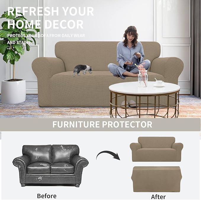 Easy-Going Stretch Oversized Loveseat Couch Covers Washable Natural | 1-Piece Large Loveseat Cover for 2 Cushion Couch Furniture Protector RV Sofa Slipcover Soft with Bottom for Kids Pets - Image 4