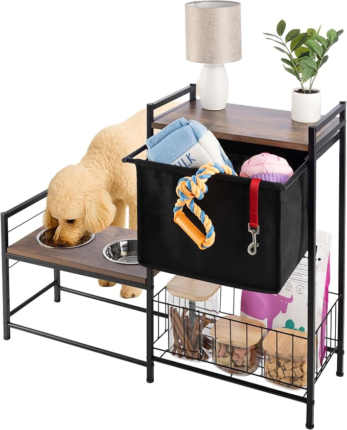 Elevated Dog Bowls with Storage - Elevated Dog Bowl Stand with 3 Adjustable Heights, Toy Bin Basket, and 2 Stainless Steel Bowls - Pet Feeding Station for Small to Large Breeds by PETMAKER (Black) by PETMAKER