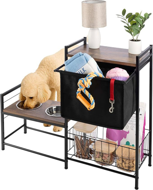 Elevated Dog Bowls with Storage - Elevated Dog Bowl Stand with 3 Adjustable Heights, Toy Bin Basket, and 2 Stainless Steel Bowls - Pet Feeding Station for Small to Large Breeds by PETMAKER (Black) by PETMAKER