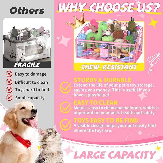 Kaiferty Indestructible Dog Toy basket, Medium Toy Box for Dogs,Pet Toy Bin Dog Metal Basket for Toys, Toy Storage Organizer, Living Room Area (Pink) - Image 2
