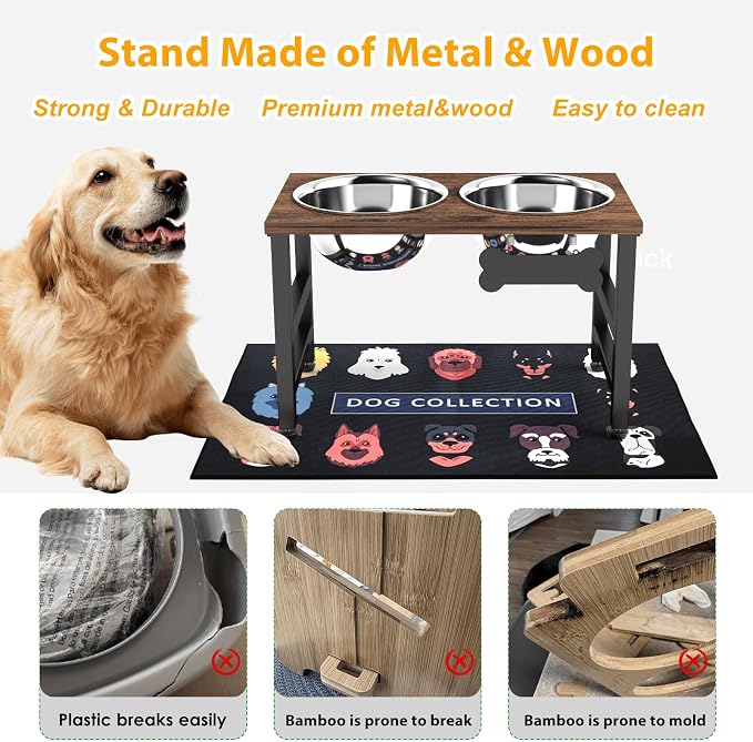 10" Tall Elevated Dog Bowls, Wooden & Metal Raised Dog Bowl Stand with 2 Stainless Steel Bowls-1700ml Capacity & Non-Slip Mat, Easy-Clean for Indoor/Outdoor Use - Image 5