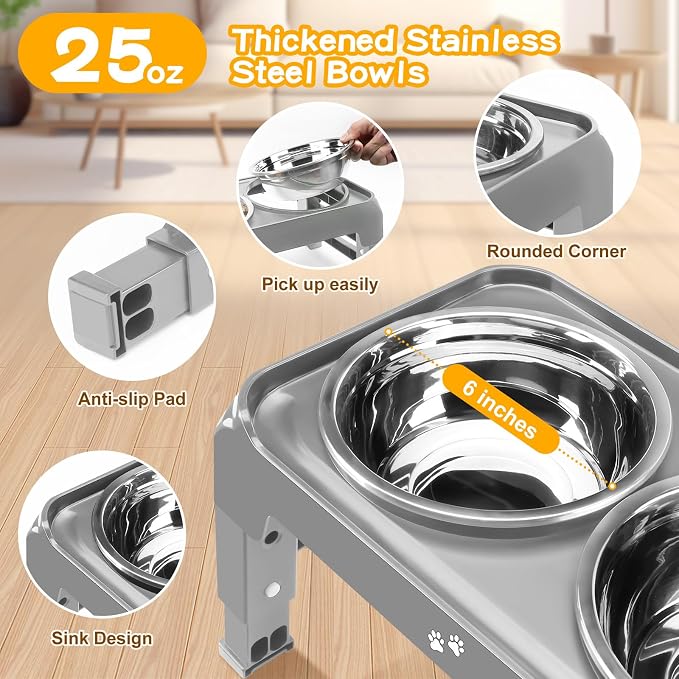 COMESOON Elevated Dog Bowls for Small Medium Dogs, 3 Height Adjustable Raised Stand with 2 Thick 6" Stainless Steel Food Bowls, Non-Slip Feeder Adjusts to 2.75", 6", 7.5", Grey - Image 3