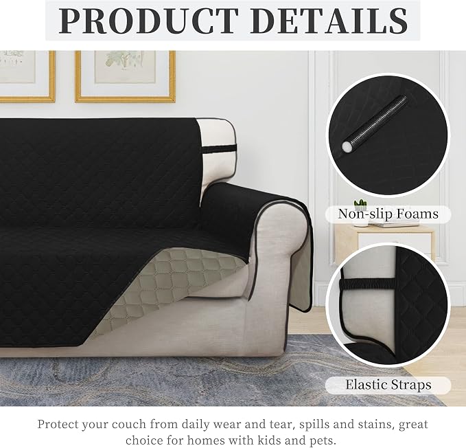 ISSUNTEX Double Protection 100% Waterproof Sofa Covers for Living Room, Couch Covers for 3 Cushion Couch Sofa, Reversible Furniture Protector Sofa Cover for Dogs (Oversized Sofa, Black/Beige) - Image 5
