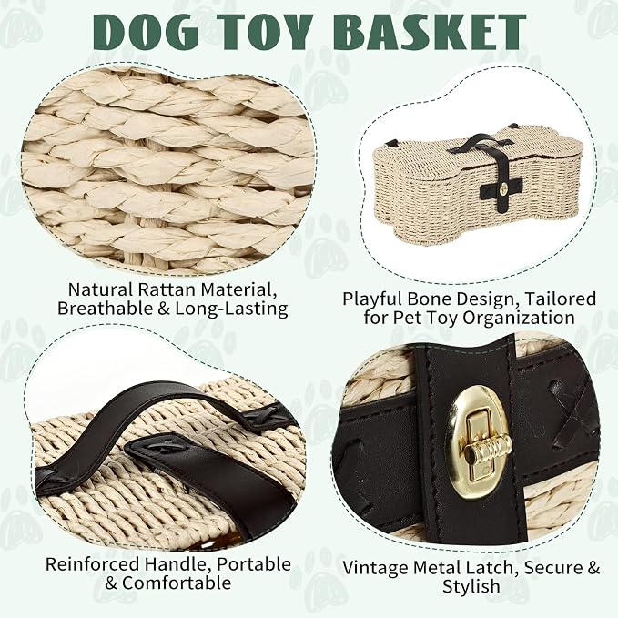 Bone Shaped Storage Basket Large Dog Toy Basket with Lid and Handles Dog Toy Bin Wicker Woven Bone Pet Organizer for Storing Frisbee Blankets Treats Pet Supplies - Image 3