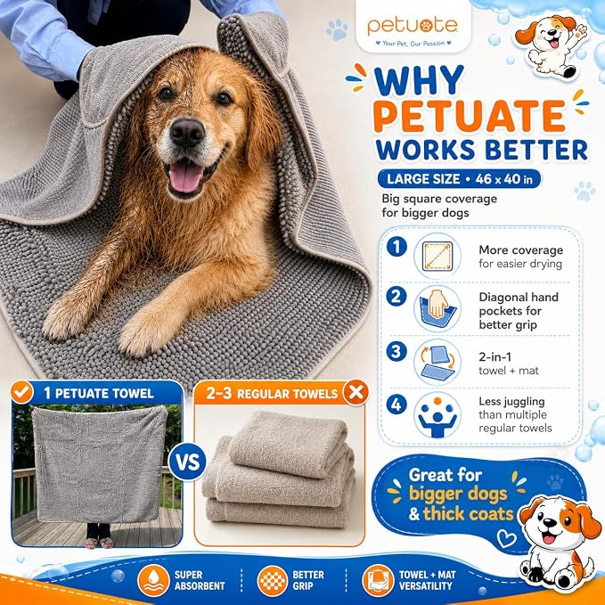 Pet 2-in-1 Dog Towel & Mat – Transforms from Drying to Bath Mat, Ultra Soft, Absorbent & Quick-Drying, Machine Washable Dog Towels with Detachable Non-Slip Mat and Hand Pockets (Large) - Image 5