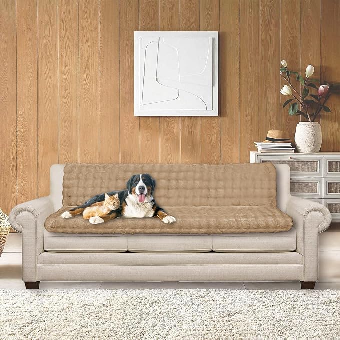 Dogs/Cats Bed Mats, Dog Pad Washable Removable Couch Cover with Anti-Slip Back, Plush Long Fur Mat, Perfect for Small, Medium and Large Dogs.(Light Brown-Bubble, 52"x82") - Image 2