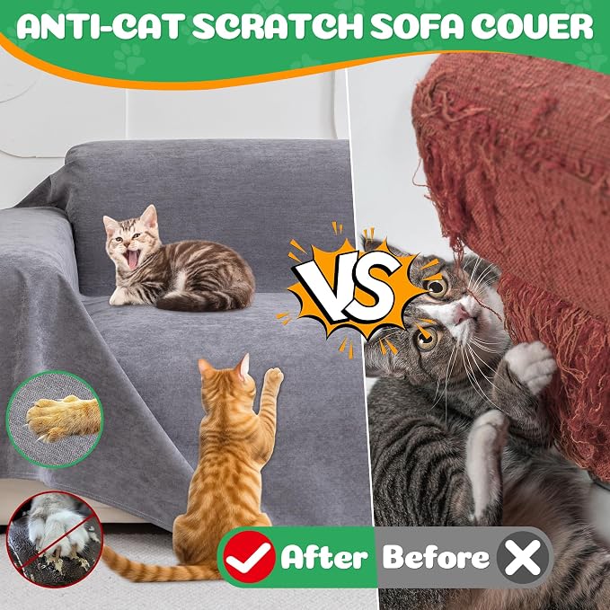 Loiion Cat Scratch Furniture Protector - Anti-Slip, Waterproof Sofa Cover to Keep Cats Off, Pet-Friendly Couch Protectors for Sofa, Gray Anti-Scratch Couch Cover for Pets and Kids 102"X71" - Image 3