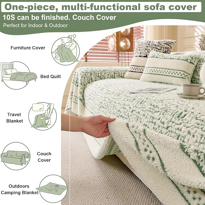 ROOMLIFE Thicked Striped Boho Green Couch Cover for 2-3 Cushion Sofa, Fuzzy Plush Warm Sofa Slipcovers Sectional Sofas Covers, Non Slip Washable Furniture Protector Soft with Tassel,Winter 71''X118” - Image 5