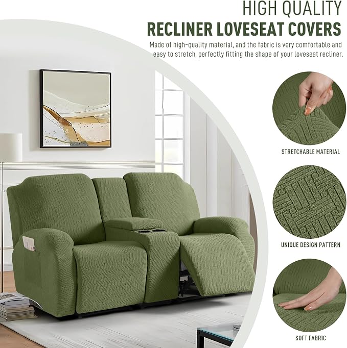 KinCam Loveseat Recliner Covers with Middle Console Slipcover, Olive Green | Stretch Recliner Sofa Covers for 2 Seat Couch Cover, Jacquard Furniture Protector Covers with Elastic Bottom for Kids, Pets - Image 4